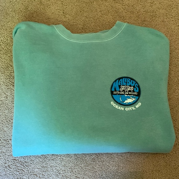 Teal blue/sea foam green Malibu Surf Shop sweatshirt. - Picture 1 of 3